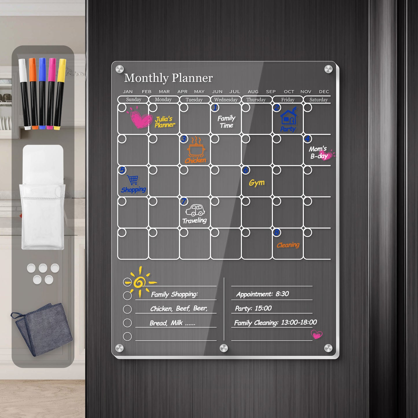 Clear Acrylic Magnetic Calendar for Refrigerator- Sleek Dry Erase Board & Chore Chart for Fridge, Perfect Family Organizer, Includes 5 High-Contrast Markers for Stainless Steel & White Kitchens