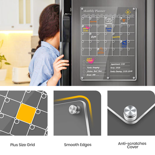 Clear Acrylic Magnetic Calendar for Refrigerator- Sleek Dry Erase Board & Chore Chart for Fridge, Perfect Family Organizer, Includes 5 High-Contrast Markers for Stainless Steel & White Kitchens