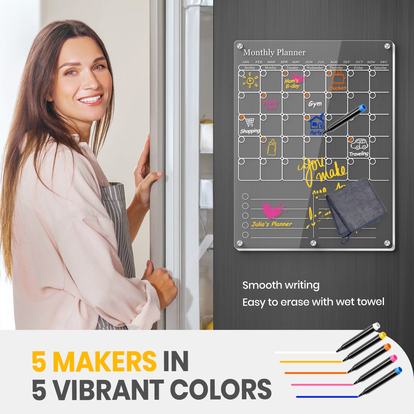 Clear Acrylic Magnetic Calendar for Refrigerator- Sleek Dry Erase Board & Chore Chart for Fridge, Perfect Family Organizer, Includes 5 High-Contrast Markers for Stainless Steel & White Kitchens