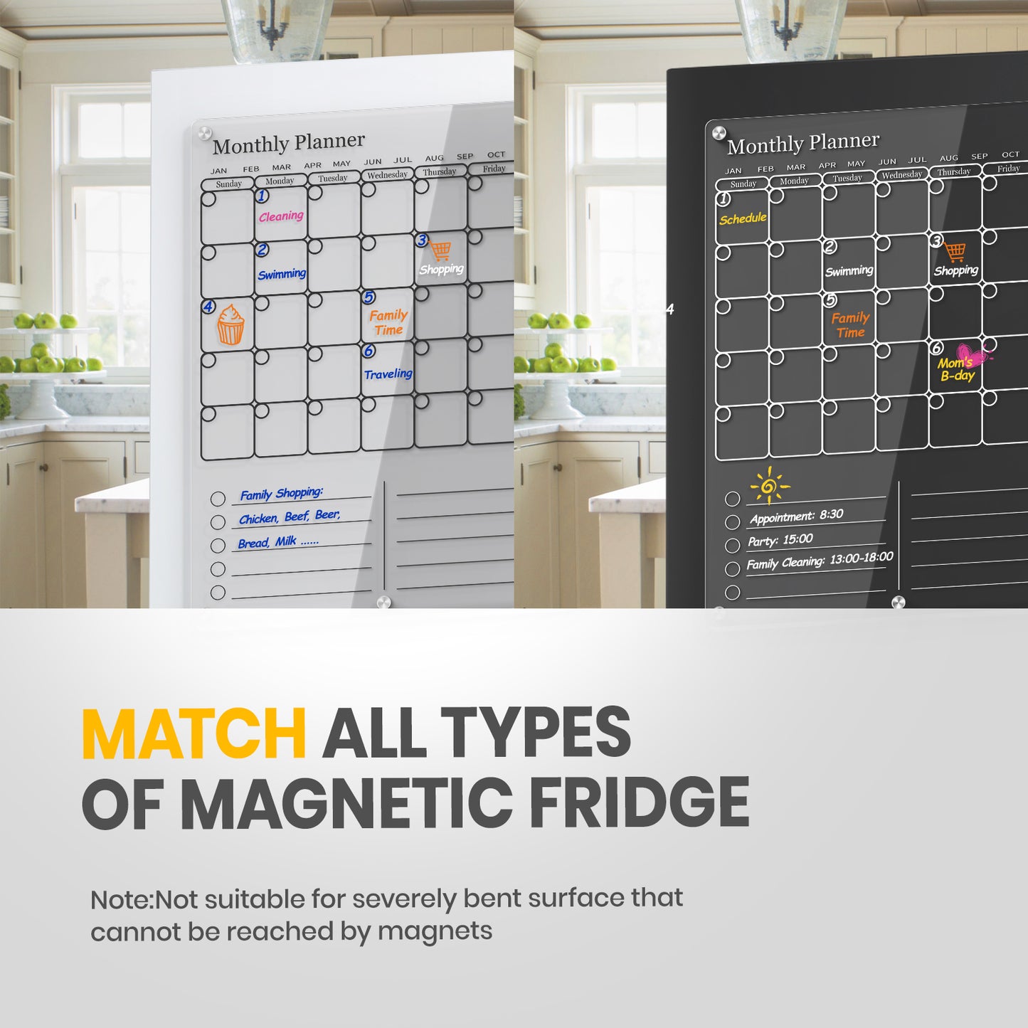 Clear Acrylic Magnetic Calendar for Refrigerator- Sleek Dry Erase Board & Chore Chart for Fridge, Perfect Family Organizer, Includes 5 High-Contrast Markers for Stainless Steel & White Kitchens