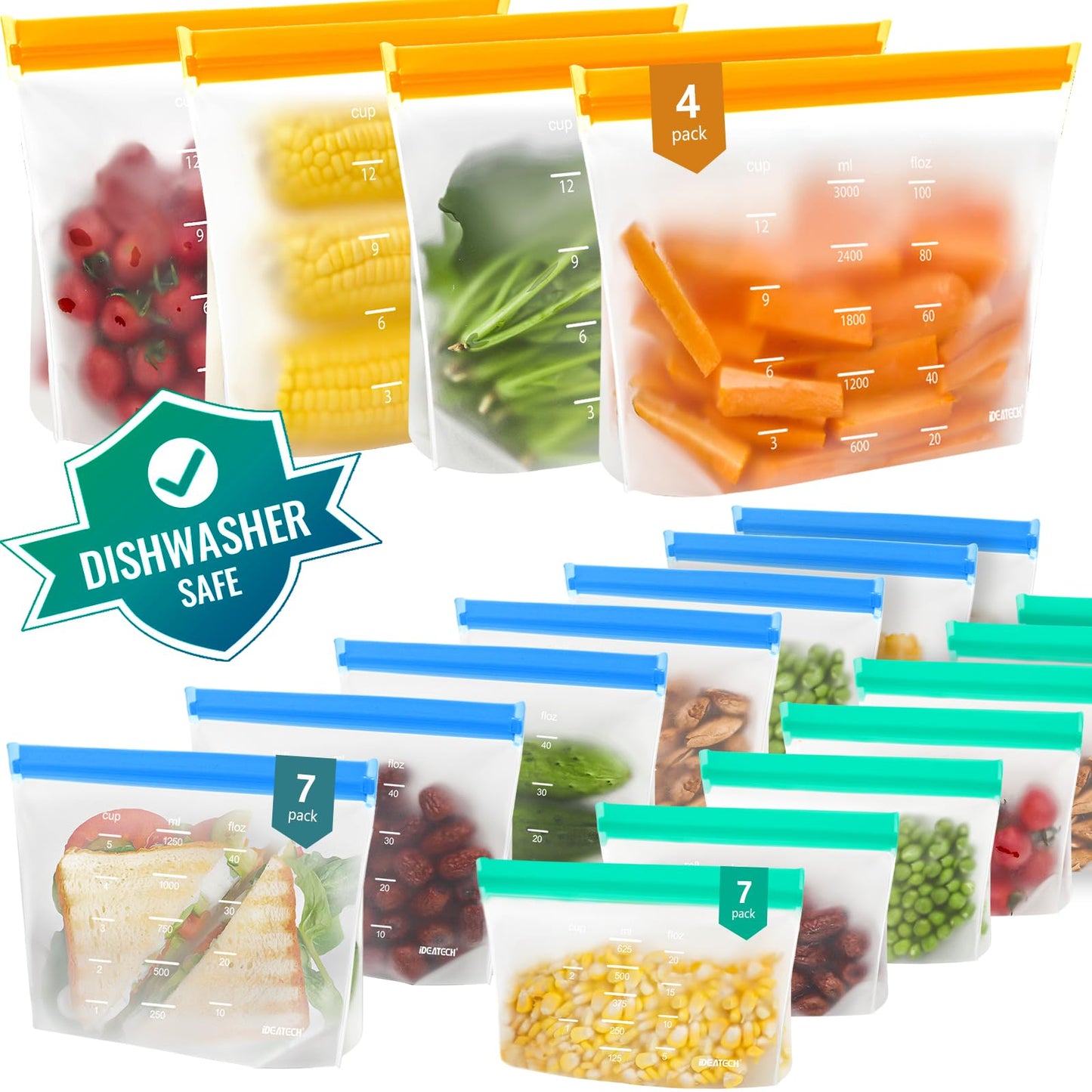 Reusable Gallon Freezer Bags - BPA Free, Leakproof & Dishwasher Safe Sandwich Bags Food Storage Bags for Meal Prep, Marinating Meats, Kitchen Organization - 18 Pack Stand Up Pouches