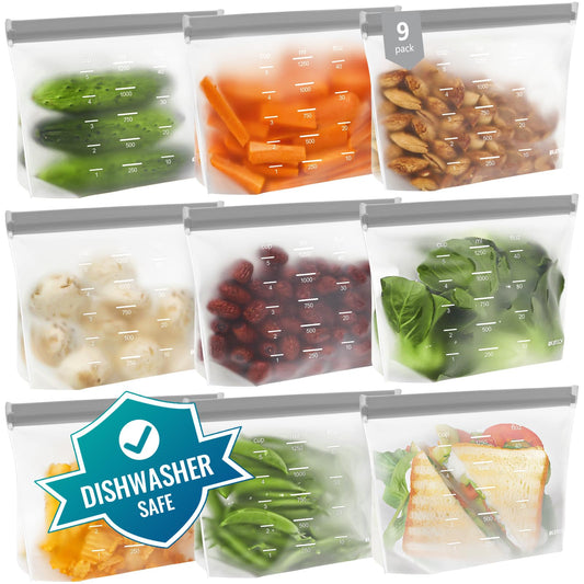 Reusable Gallon Freezer Bags- BPA Free, Leakproof & Dishwasher Safe Food Storage Bags for Meal Prep, Marinating Meats, Kitchen Organization - 9 Pack Stand Up Pouches, Gray