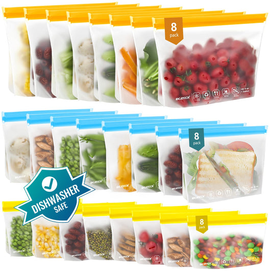 Reusable Freezer Bags Dishwasher Safe, Leakproof Reusable Gallon Bags, BPA Free Sandwich Baggies Food Storage Bags for Lunch Travel(8 Gallon 8 Sandwich 8 Snack,Colored)