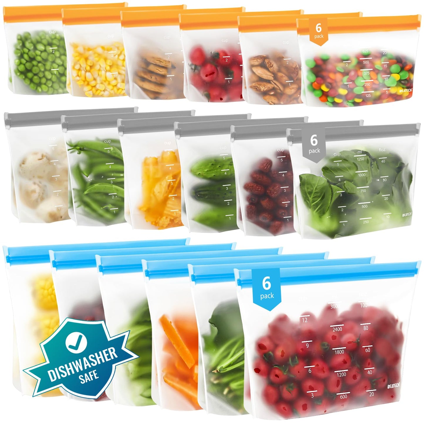 Reusable Gallon Freezer Bags - BPA Free, Leakproof & Dishwasher Safe Sandwich Bags Food Storage Bags for Meal Prep, Marinating Meats, Kitchen Organization - 18 Pack Stand Up Pouches