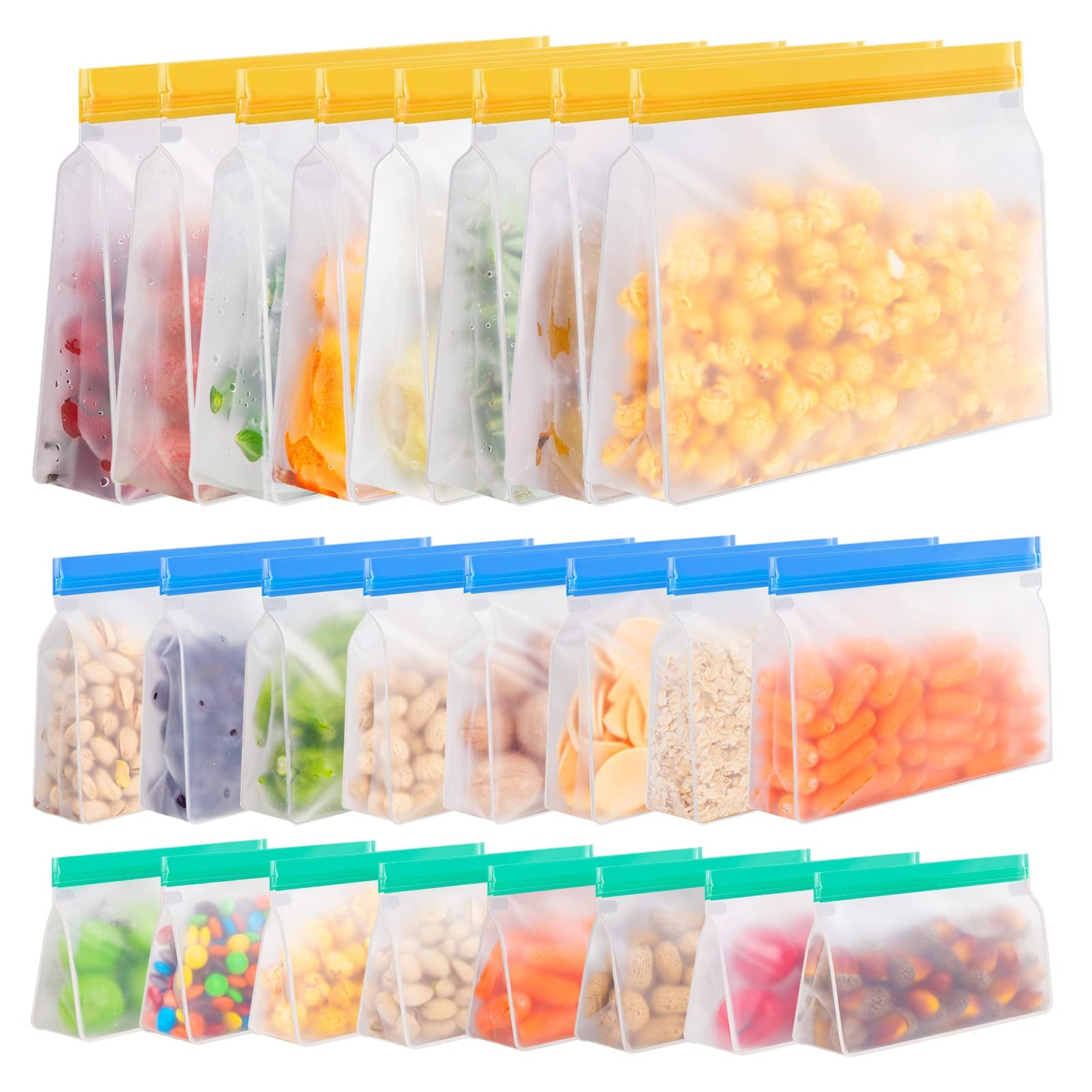Reusable Gallon Freezer Bags - BPA Free, Leakproof & Dishwasher Safe Sandwich Bags, Stand Up Food Storage Bags for Meal Prep, Marinating Meats, Kitchen Organization- 24 Pack