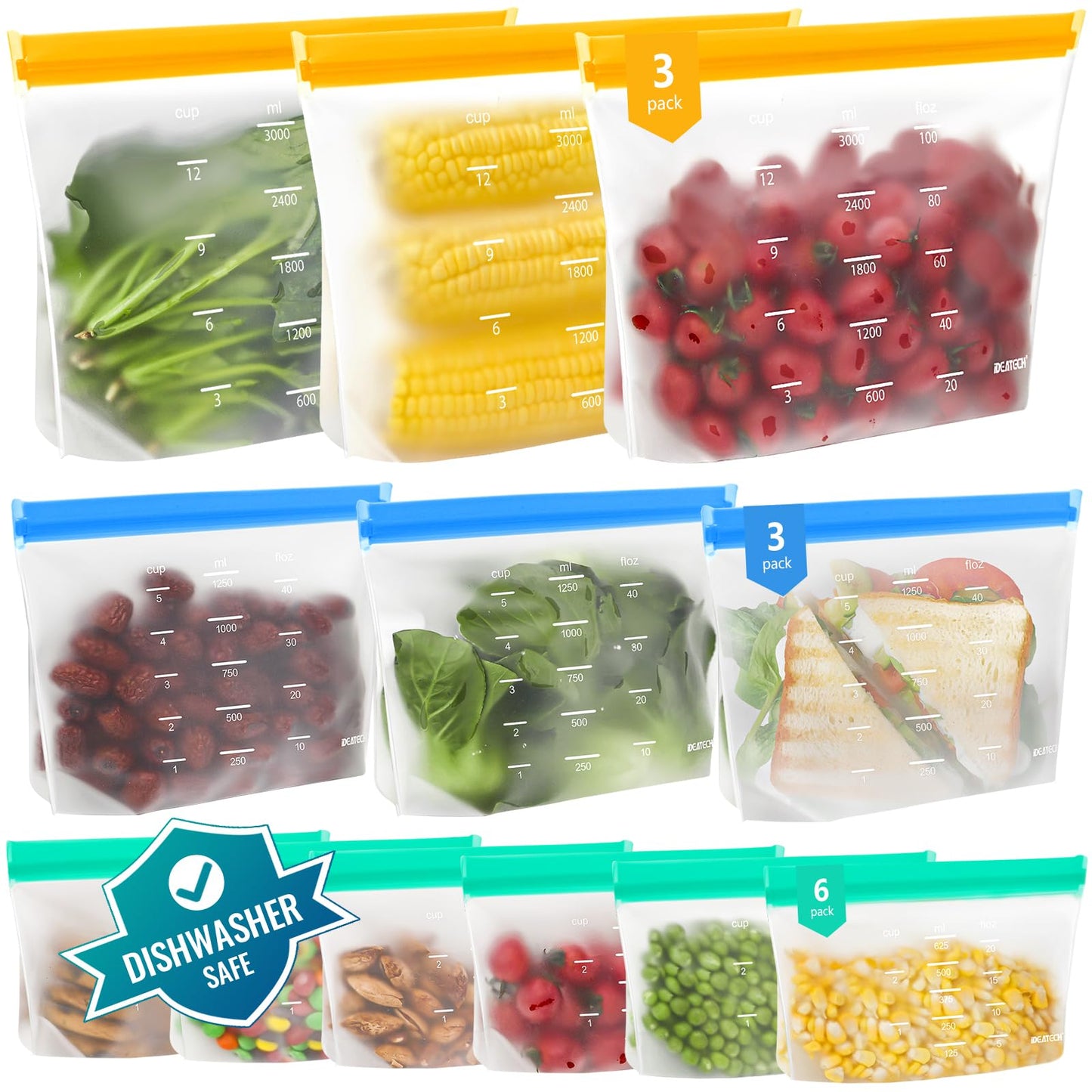 Reusable Gallon Freezer Bags - BPA Free, Leakproof & Dishwasher Safe Sandwich Bags Food Storage Bags for Meal Prep, Marinating Meats, Kitchen Organization- 12 Pack Stand Up Pouches