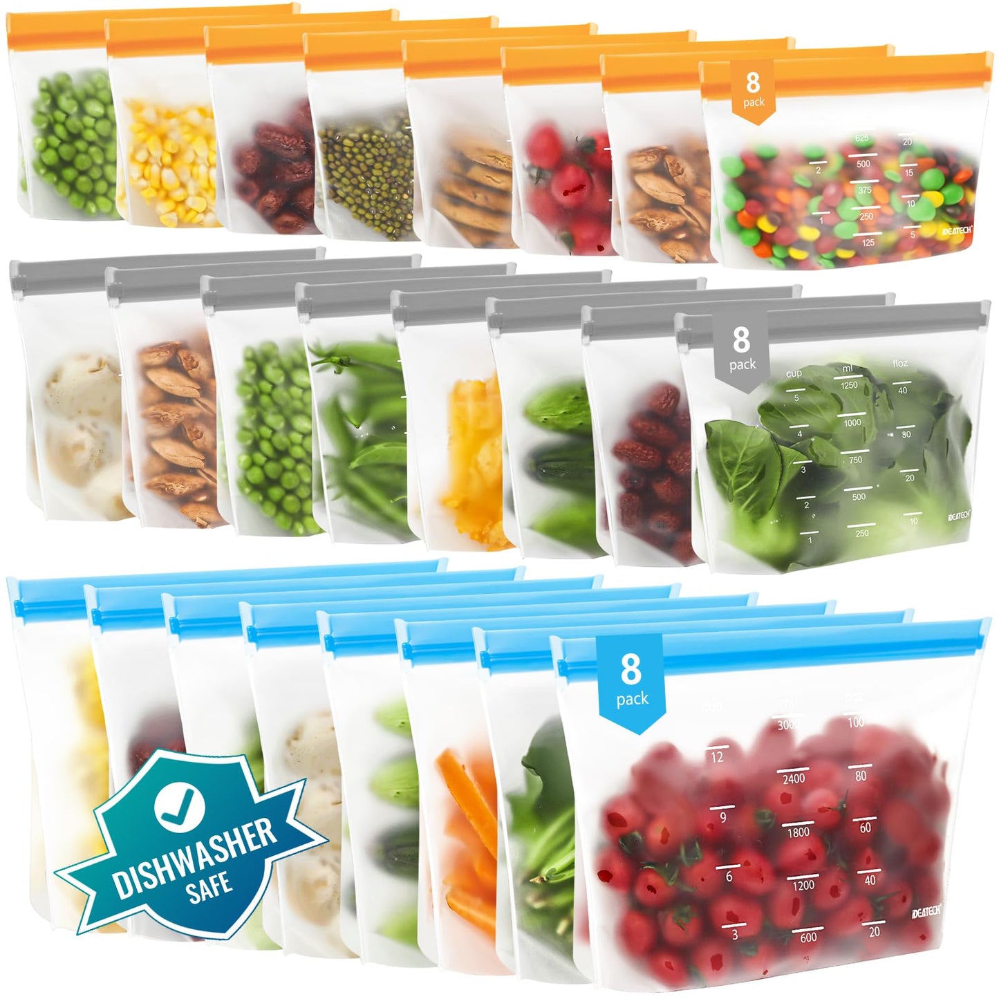 Reusable Gallon Freezer Bags - BPA Free, Leakproof & Dishwasher Safe Sandwich Bags Food Storage Bags for Meal Prep, Marinating Meats, Kitchen Organization - 24 Pack Stand Up Pouches