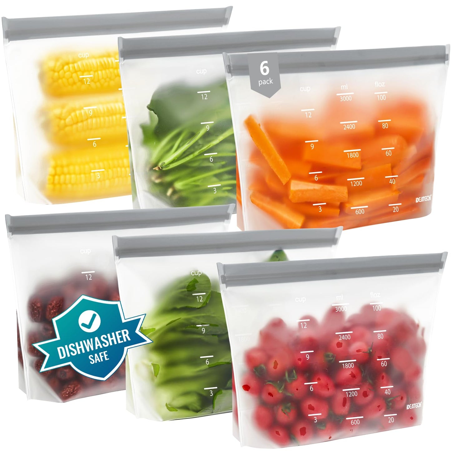 Reusable Gallon Freezer Bags - BPA Free, Leakproof & Dishwasher Safe Food Storage Bags for Meal Prep, Marinating Meats, Kitchen Organization - 6 Pack Stand Up Pouches, Gray