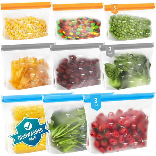 Reusable Freezer Bags Dishwasher Safe, Leakproof Reusable Gallon Bags, BPA Free Food Storage Sandwich Baggies for Lunch Travel(3 Gallon 3 Sandwich 3 Snack,Colored)