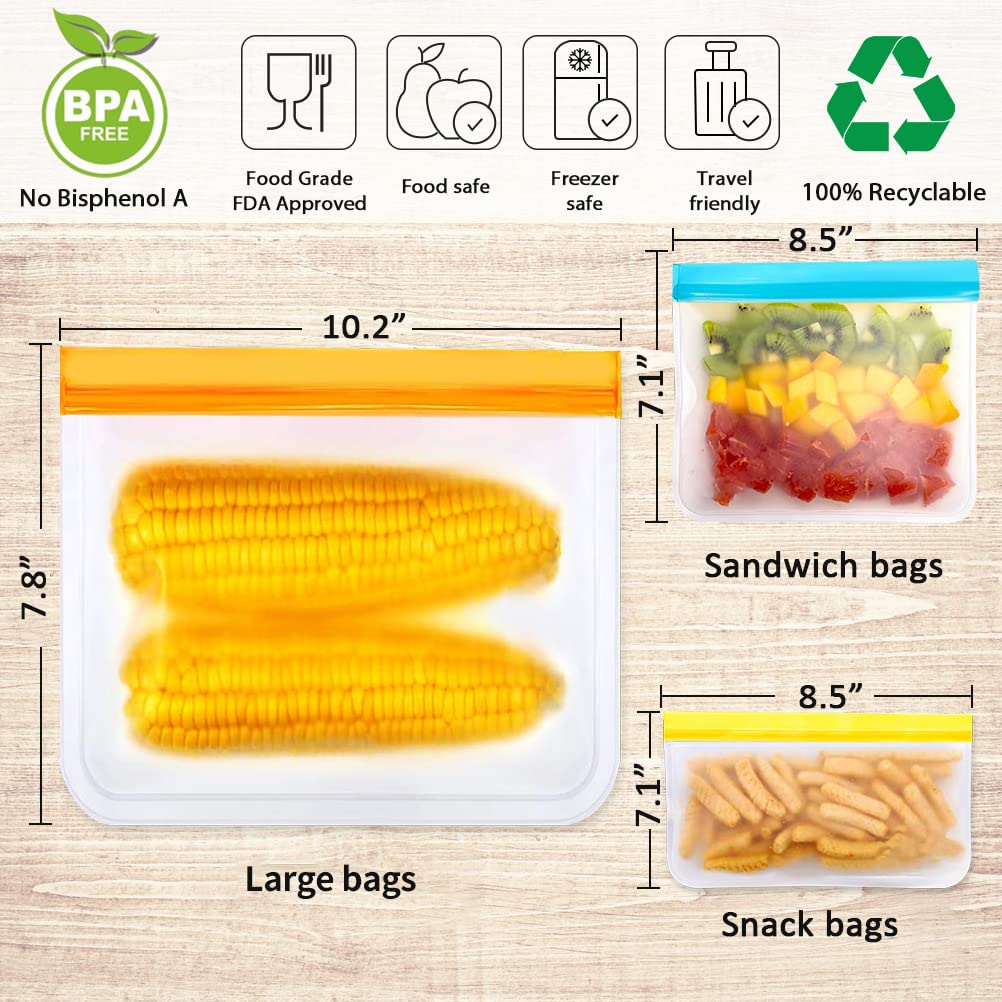 Reusable Sandwich Bags Dishwasher Safe BPA Free Leakproof Gallon Freezer Bags Silicone Food Storage Bags for Lunch,Snacks & Travel 15-Pack