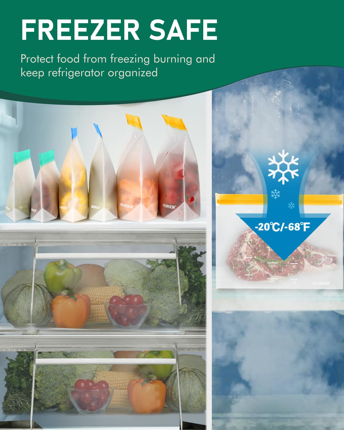 Reusable Gallon Freezer Bags - BPA Free, Leakproof & Dishwasher Safe Sandwich Bags Food Storage Bags for Meal Prep, Marinating Meats, Kitchen Organization- 12 Pack Stand Up Pouches