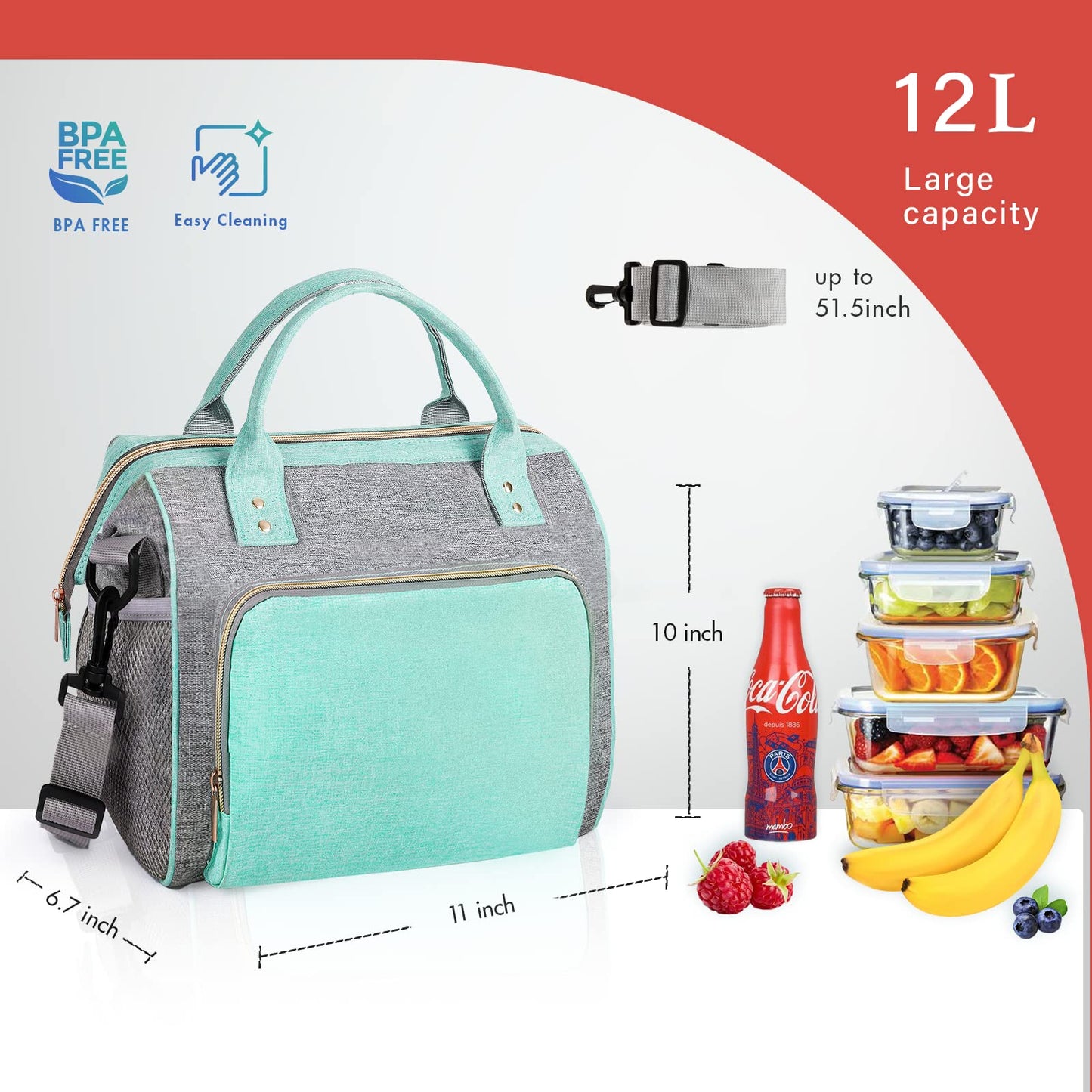 Insulated Lunch Bag for Women, Large 12L Reusable Cooler Lunch Box for Work, Office, Picnic, Leakproof Tote with Shoulder Strap