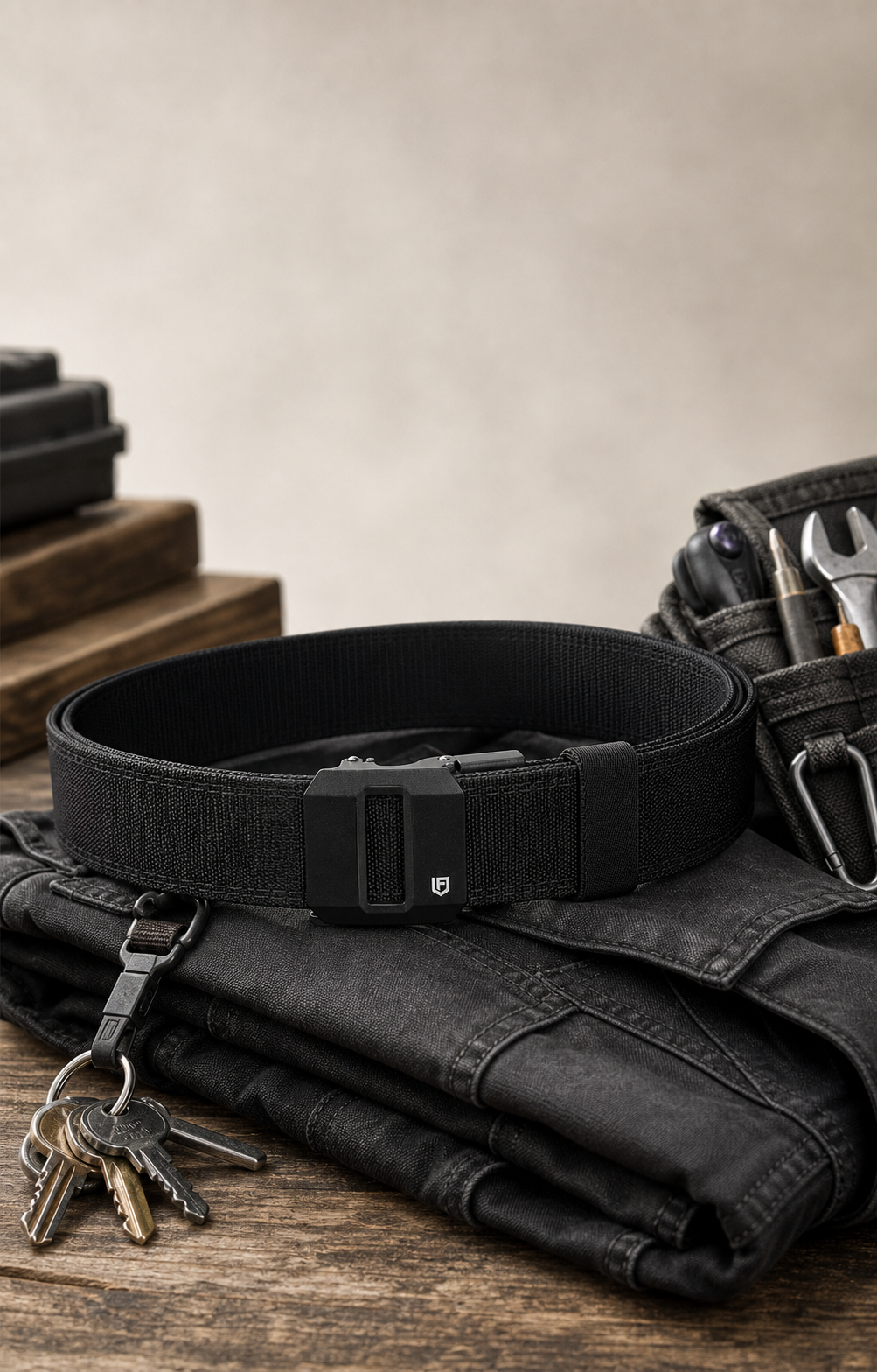 FAIRWIN black tactical ratchet belt with correct buckle styled for work pants, keys and daily gear